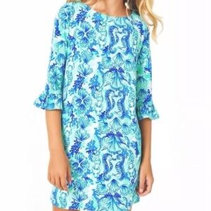 Lilly Pulitzer Girls Sophie Dress – Size XL (12–14) Aqua Blue Mermaid Print